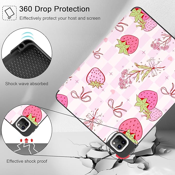 May Chen Case for iPad Pro 11 inch (4th, 3rd, 2nd & 1st Gen) 2022 2021 2020 2018,Trifold Stand with Auto Wake/Sleep Soft TPU Protective Stand Back Cover, Strawberry Bow