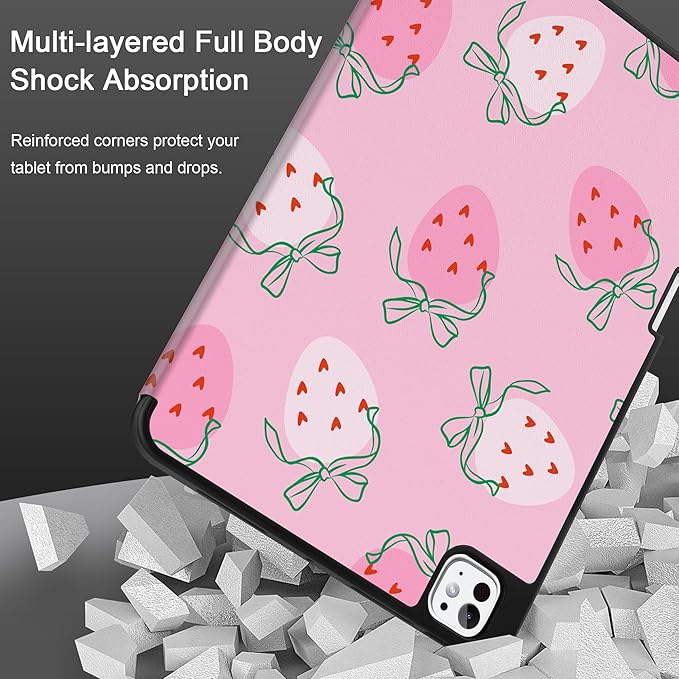 MEEgoodo Case for M5 iPad Pro 11 inch 2025/M4 iPad Pro 11 inch Case 2024, Tablet Cover with Trifold Stand & Pencil Holder & Auto Wake/Sleep & Soft TPU Back Cover, Strawberry & Bow