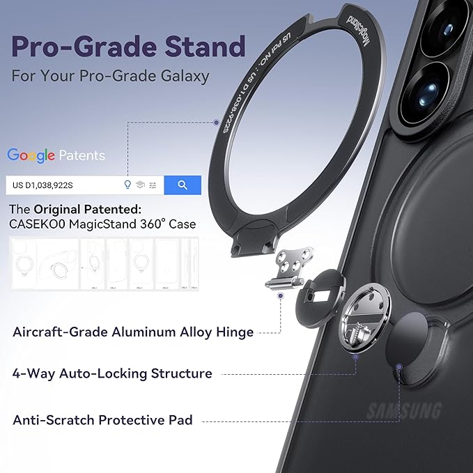 CASEKOO Black 26U Case with 360 Spin Magnetic Stand [Fit for MagSafe] [18FT MIL-STD Protection] Shockproof Invisible Ring Holder Matte s26U Phone Case 6.9''