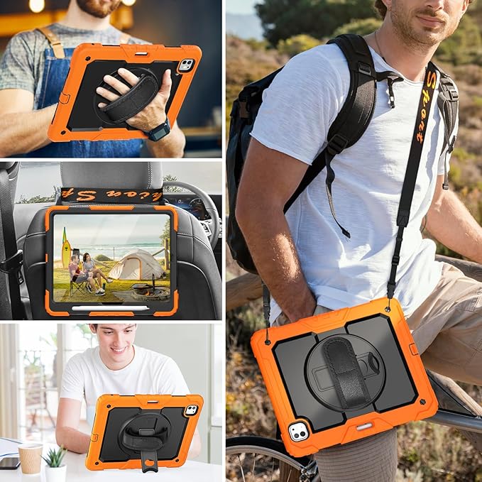 HXCASEAC for iPad Pro 13 Inch Case (M5/M4) 2025/2024, Shockproof Design with Pencil Holder, Protector, Rotating Stand, Hand Strap, Heavy Duty Protective iPad Pro13 Cover A3360 A2925 A2926, Orange
