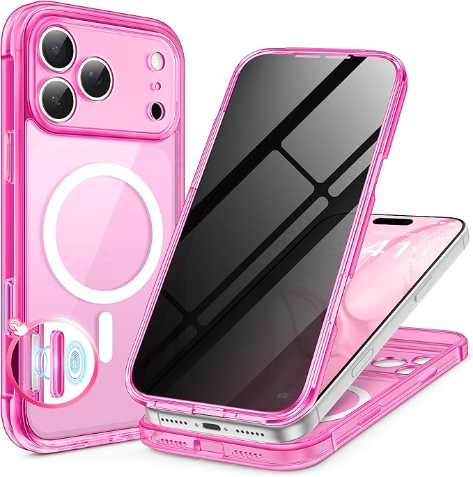 BERFY for iPhone 17 Pro Case, Compatible with MagSafe, Built-in Privacy Screen Protector, Camera Protection, Shockproof Full Body Phone Case 6.3", Clear Bright Pink