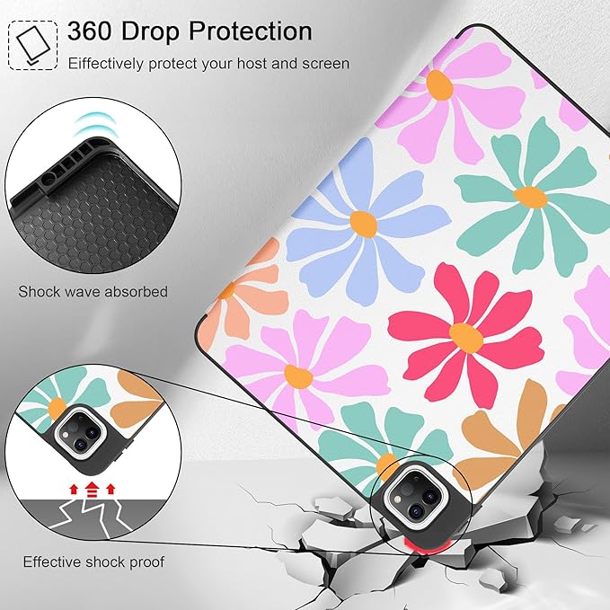 May Chen for iPad Pro M2 12.9 Case 6th/5th/4th/3rd Generation 2022 2021 2020 2018 Trifold Stand + Pencil Holder + Auto Wake/Sleep + Soft TPU Protective Stand Back Cover, Groovy Flower