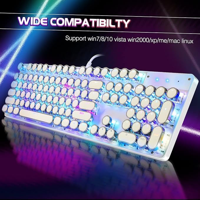 YSCP Typewriter Style Mechanical Gaming Keyboard RGB Backlit Wired with Blue Switch Retro Round Keycap 104 Keys Keyboard (R-White)
