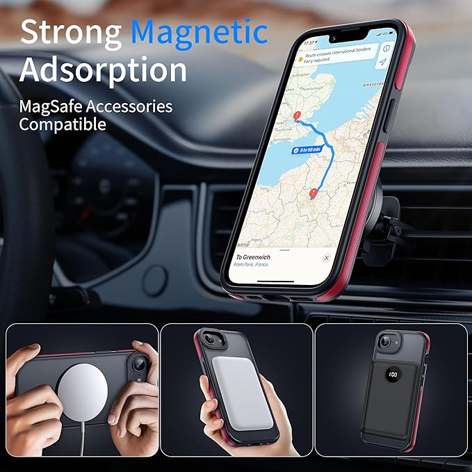 Strong Magnetic for iPhone 16E/17E Case [5X Military-Grade Protection] Compatible with fit MagSafe Shockproof Translucent Slim Thin Case for iPhone 16E-6.1", Red Bumper