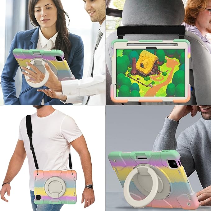 Andnary Case for iPad Air 11 inch Case M4/M3/M2 (2026/2025/2024), Heavy Duty Shockproof Cover with Screen Protector, 360° Rotating Stand, Pencil Holder, Shoulder Strap (Colorful Pink)