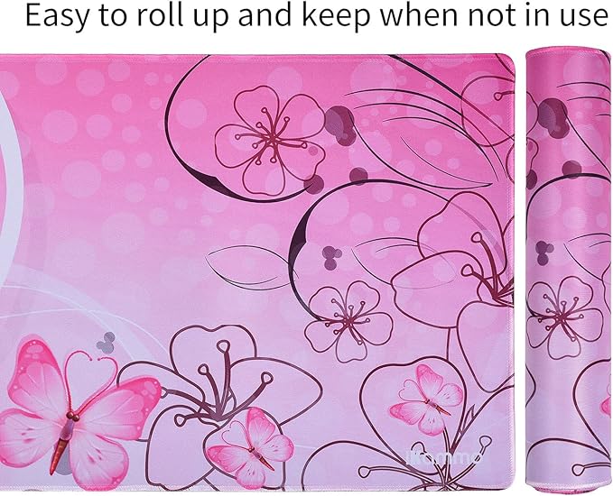 Large XXL Mat Gaming Mouse Pad Extended Full Desk Pad Pink Cute Mouse Pad with Waterproof Surface-Optimized Gaming Surface,Non-Slip Rubber Base Sticthed Edge Mousepad (35"x15.55"x0.08")-Pink Butterfly