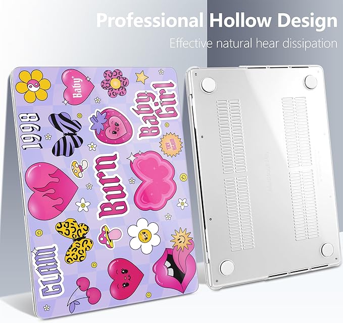 Batianda Case for New MacBook Pro 14 Inch M5 (2025 2026) & 2024 2023 Release [Model A3434 / A3112] - Ultra Slim 1.2mm Glossy Hard Shell Protective Skin Keyboard Cover 4-in-1 Bundle, Y2K Pink Collage