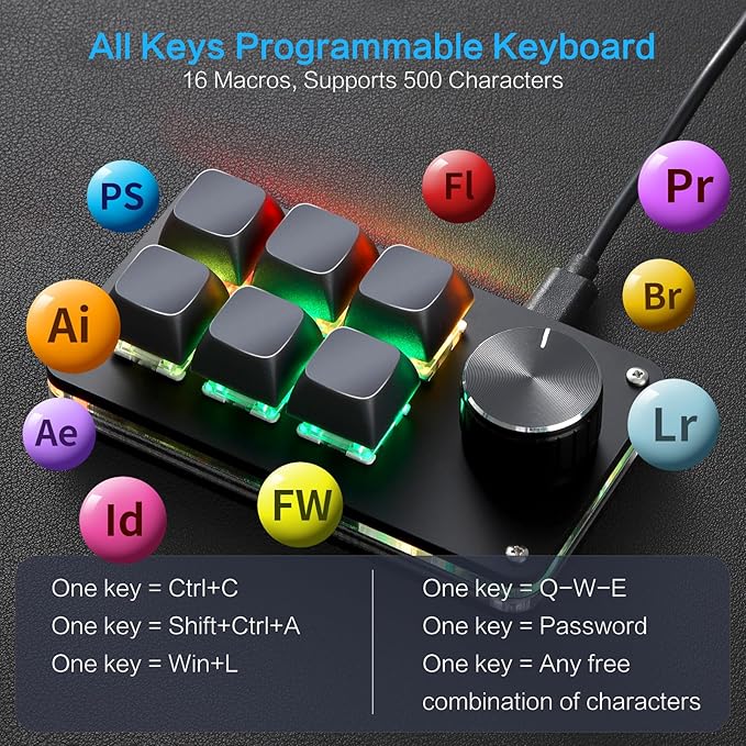 Koolertron Macro Programmable Keypad, One Handed Programmable Mechanical Keyboard, RGB Blue Switch Hot Swappable, 6 Keys 1 Knob Backlit Keypad for Working and Gaming, Black