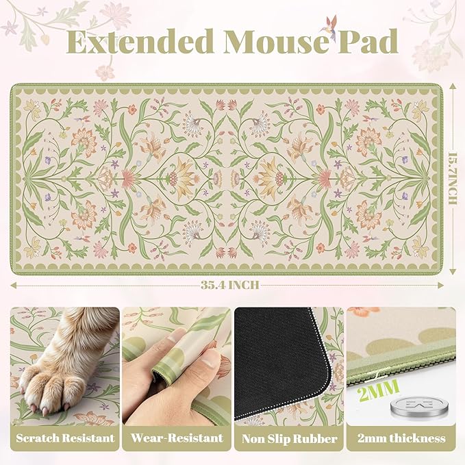 iLeadon Desk Matt for Desktop, Large Floral Stitched Edges Long Full Desk Mat for Laptop, Soft Mouse Pad for Keyboard, Green Desk Keyboard Mat for Office Home Beige/Green