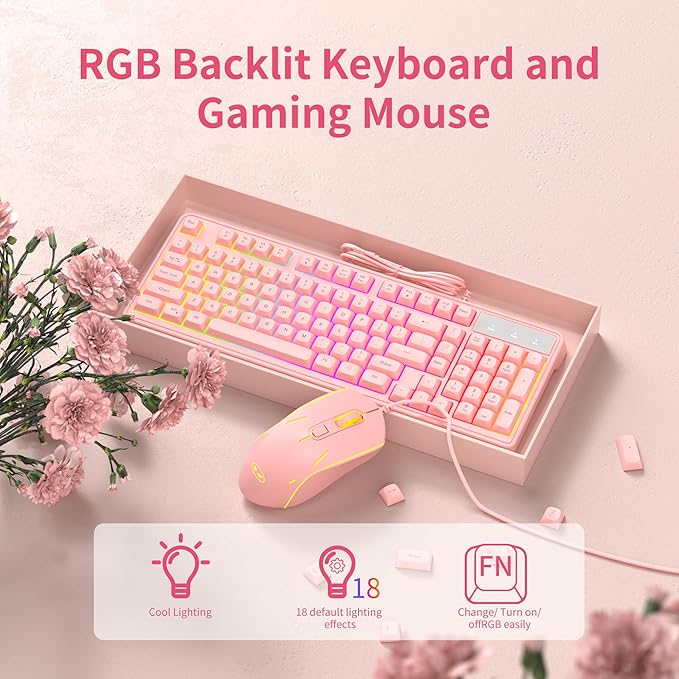 Pink Creamy Keyboard and Mouse Combo,MageGee GK980 Wired RGB Backlit Keyboard and Pink Gaming Mouse Combo,PC Keyboard and Adjustable Sensitivity Mouse for PC/loptop/MAC