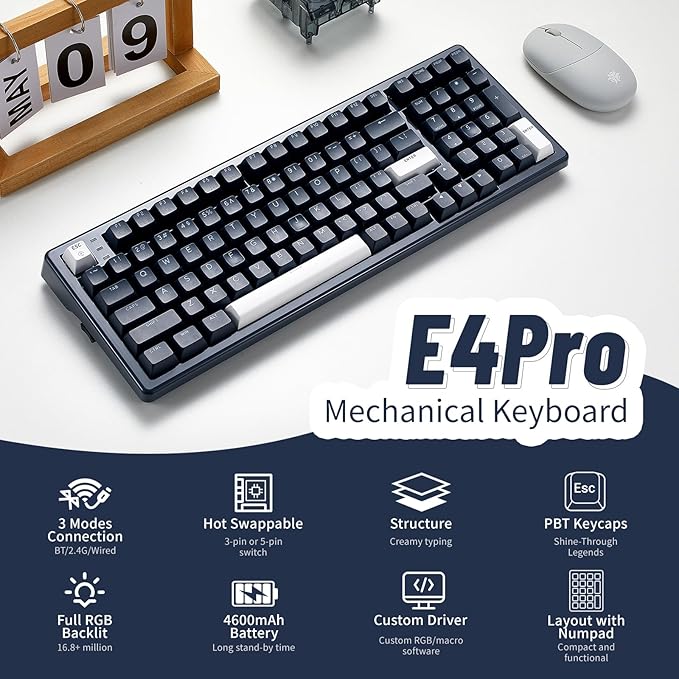Hexgears Wireless Mechanical Keyboard with Wrist Rest,Tri-Mode BT5.0/2.4GHz/USB-C Hot Swappable Custom Keyboard,Pre-lubed Linear Switches,RGB Backlit Computer Gaming Keyboards for PC/Tablet/PS/Xbox