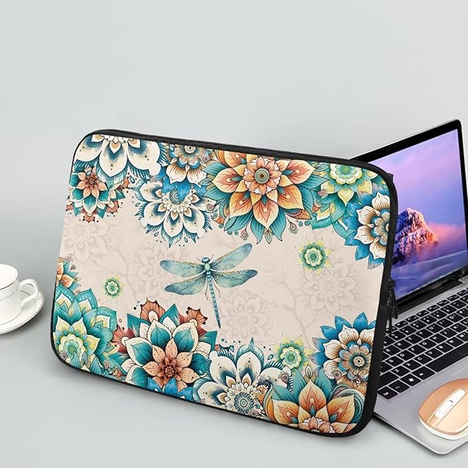 Boho Flower Dragonfly Laptop Protective Sleeve for Women Men Computer Sleeve 13 Inch Laptop Case Bag Lightweight Computer Carrying Case Suitable GITS for Teens Tablet Bags