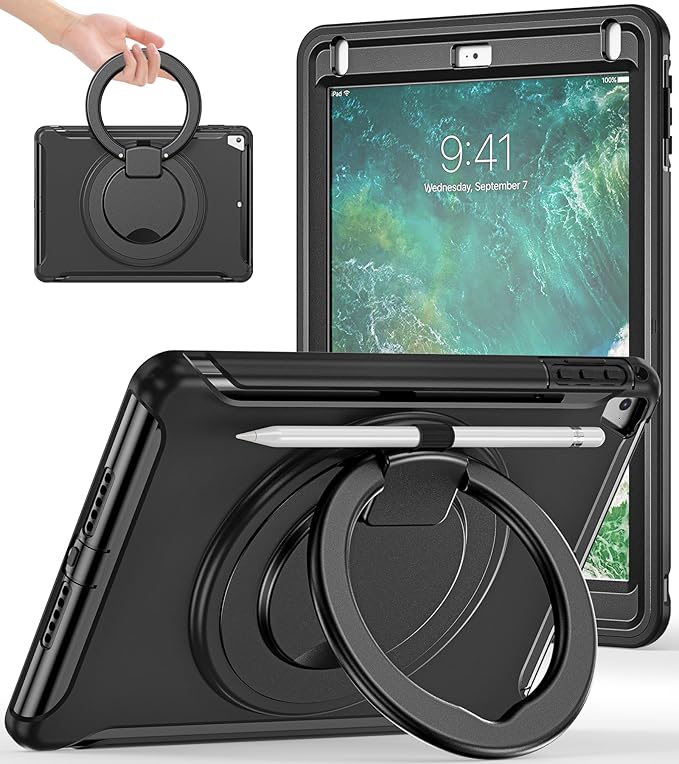 BATYUE Case for iPad 6th Generation 9.7 inch 2018, iPad 5th Gen 2017, iPad Air 2/ iPad Pro 9.7'' Shockproof Protective Cover with Pencil Holder &Rotating Kickstand for Kids,Boys,Girls, Black
