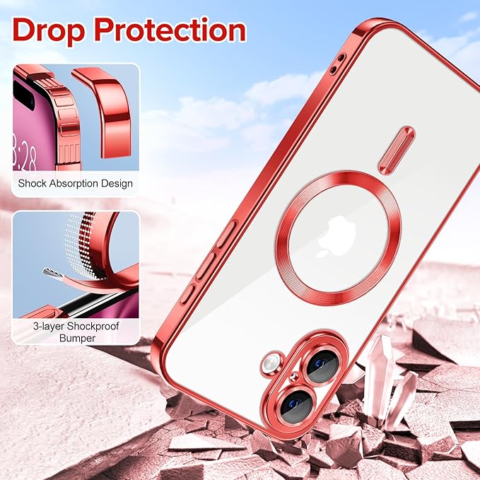 Hython Magnetic Clear for iPhone 16 Plus Case with Camera Lens Protector [Compatible with MagSafe] Luxury Plating Edge Slim Soft TPU Cover Protective Phone Case for iPhone 16 Plus 6.7", Red