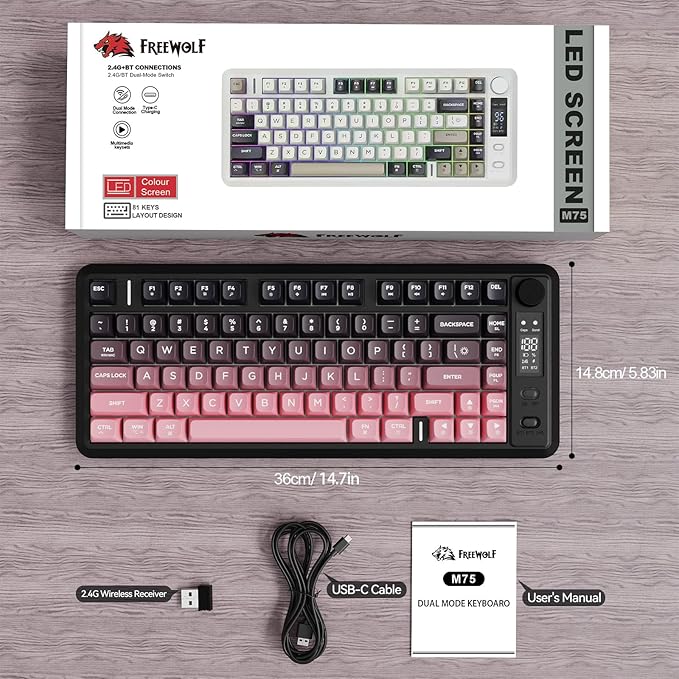 ZIYOU LANG M75 Wireless Gaming Keyboard, RGB Backlit Rechargeable 2000mAh Battery, Small Membrane But Mechanical Feel Keyboard with Smart Display & Knob, PBT Gradient keycaps for PC, MAC-BlackBerry