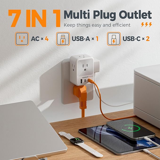 TESSAN Surge Protector Wall Outlet Extender, Multi Plug Outlet Splitter with 3 USB Charging Blocks(2 USB C), Multi Plug Wall Charger for Home, Office, School, College Dorm Essentials, Grey