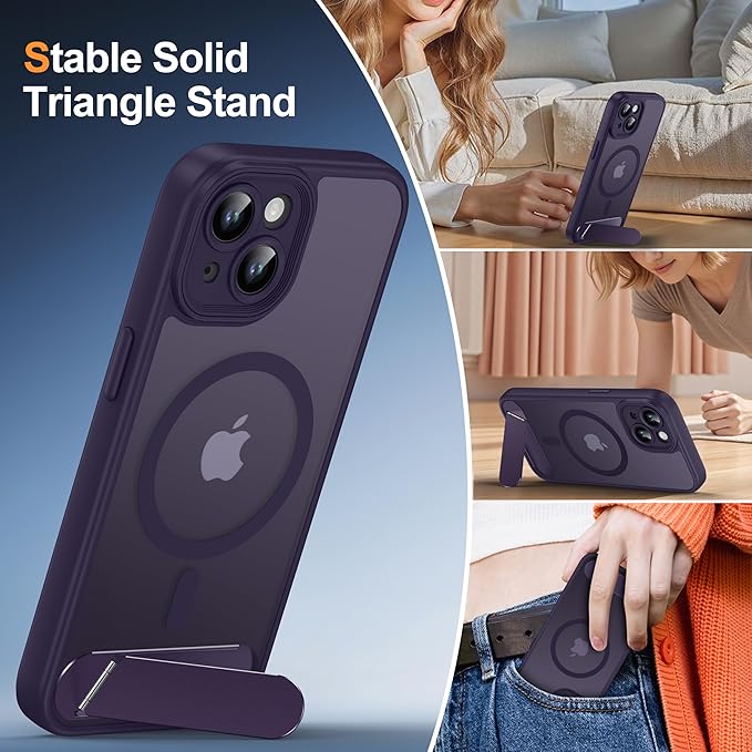 Magnetic Compatible with iPhone 15 Case, [Built-in Invisible Kickstand][Compatible with MagSafe][Full Camera Protection] Translucent Matte Phone Case for iPhone 15 6.1" Purple
