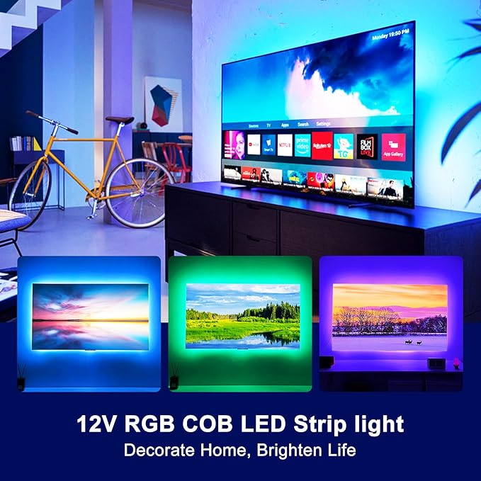 Pandery RGB COB LED Strip Light,DC24V 576leds/m Music Synchronized Color Change APP and Bluetooth Remote Control 9.84FT/3M,Indoor RGB COB Strip Light for Bedroom,Game Room,Bar,Party
