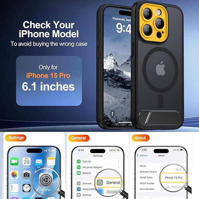 Magnetic Compatible with iPhone 15 Pro Case, [Built-in Kickstand][Full Camera Protection][Compatible with MagSafe][Anti-Fingerprint] Shockproof Phone Case for iPhone 15 Pro 6.1",Black & Yellow