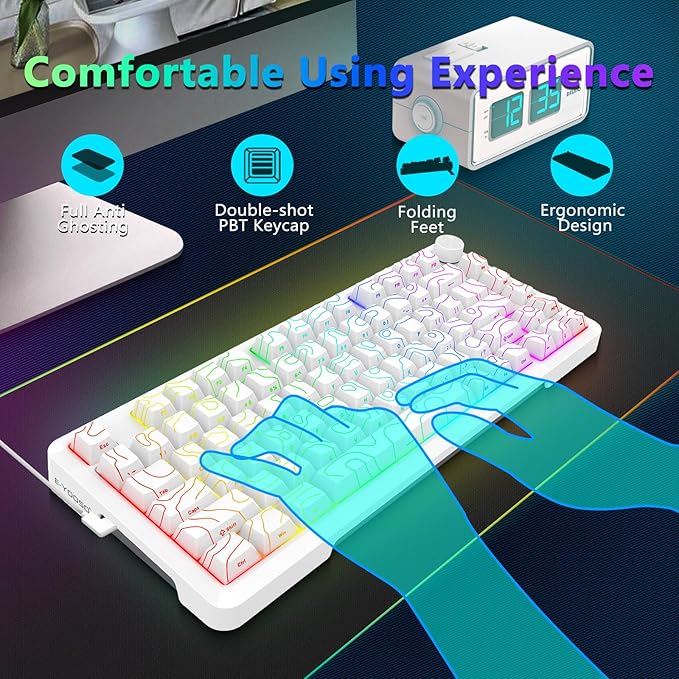 E-YOOSO Wired Creamy Mechanical Keyboard, RGB Backlit, Hot Swappable Pre-lubed Linear Switches, Gasket Structure, Knob Control, 75% Portable Compact Custom Gaming Keyboard, White