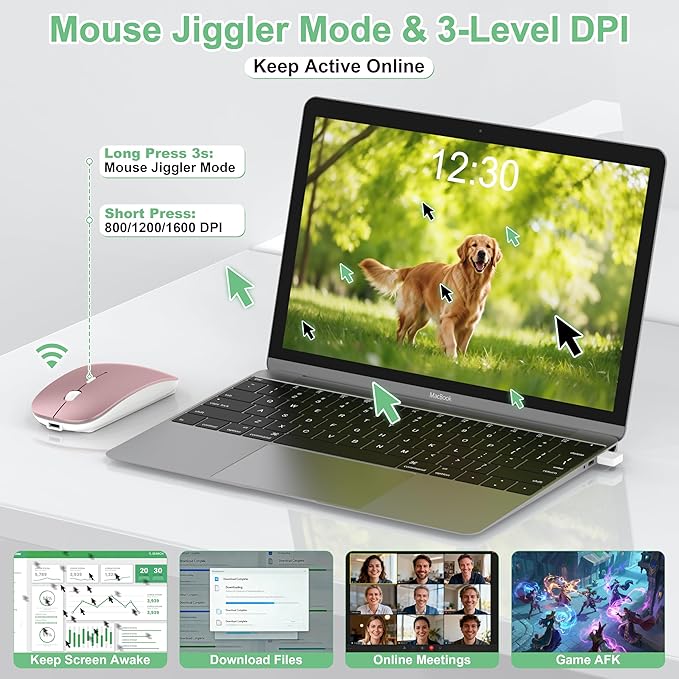 Wireless Mouse for MacBook Pro/Air, Bluetooth Rechargeable Mouse with USB-C, Slim Mouse Jiggler for iPad/iMac/Laptop/PC, 2.4G Dual Mode, Silent Click, Compatible Mac OS/Windows, Rose Gold
