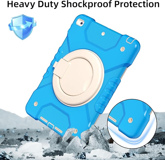 Andnary Case for iPad 9th/8th/7th Generation 10.2 inch, Shockproof Cover with Screen Protector/360° Rotating Handle/Bracket/Pen Holder/Shoulder Strap, Kids Case for iPad 2021/2020/2019 (Blue+White)