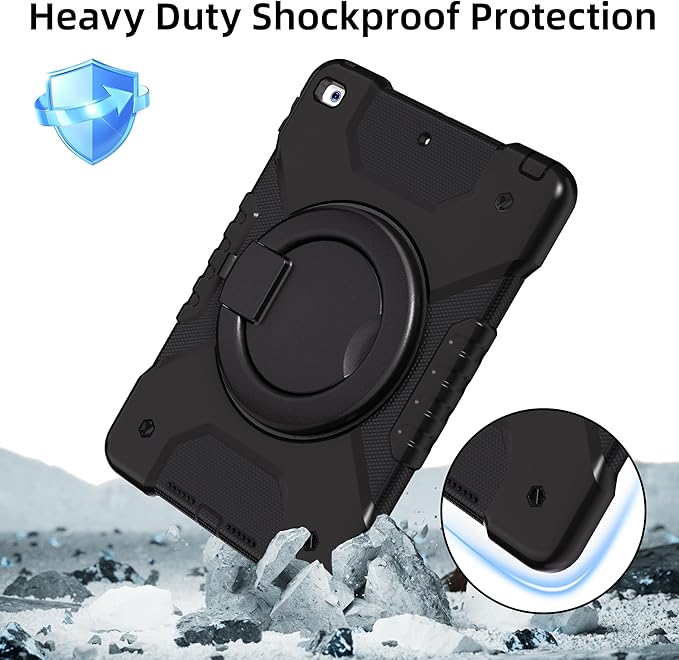 Andnary Case for iPad 9th/8th/7th Generation 10.2 inch, Shockproof Cover with Screen Protector/360° Rotating Handle/Bracket/Pen Holder/Shoulder Strap, Kids Case for iPad 2021/2020/2019 (Black)