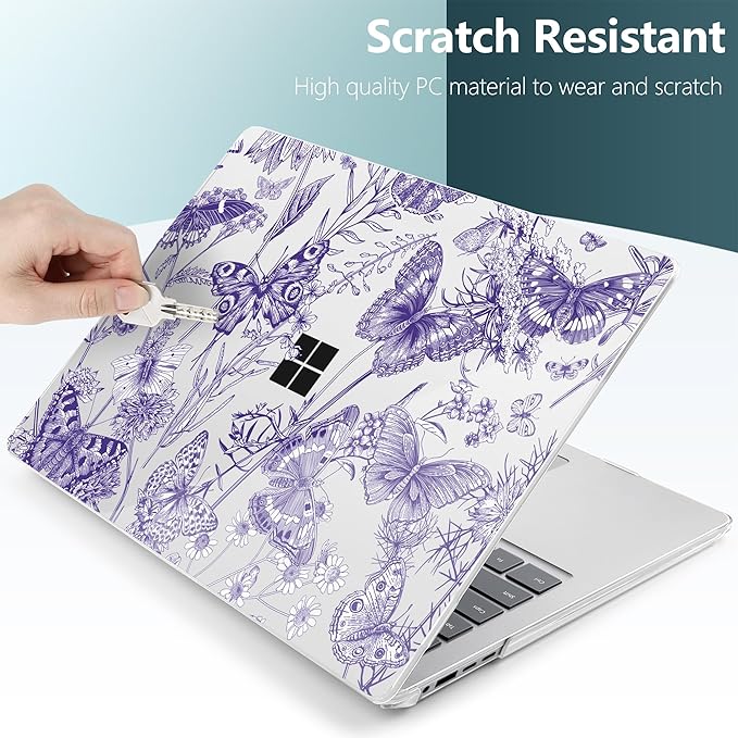 Hard Case for 15-inch Microsoft Surface Laptop Copilot+ PC 2024 (7th Ed) Fashionable Lightweight Floral Design Clear Laptop Shell, with TPU Keyboard Cover & OTG Adapters, Butterfly
