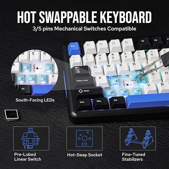 EPOMAKER TH85 QMK/VIA Wireless Gaming Keyboard, BT5.0/2.4GHz/USB-C, Hot Swappable Pre-lubed Custom Creamy Jade Linear Switches, Gasket Creamy Keyboard for PC/Mac/Office/Gaming (Black&White&Blue)
