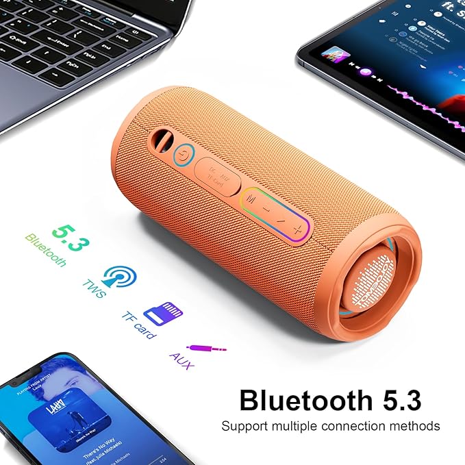Shower Bluetooth Speaker, IPX7 Waterproof, 24W Deep Bass, TWS Stereo Pairing, 12H Playtime, Outdoor Speaker for Travel, Sport, Party, Camping (Orange)