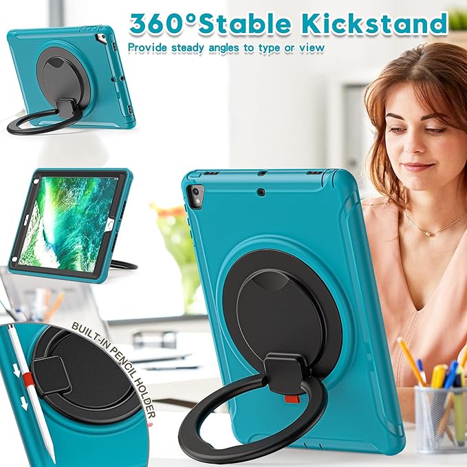 BATYUE Case for iPad 6th Generation 9.7 inch 2018, iPad 5th Gen 2017, iPad Air 2/ iPad Pro 9.7'',Shockproof Protective Cover with Pencil Holder &Rotating Kickstand for Kids,Boys,Girls, Light Blue