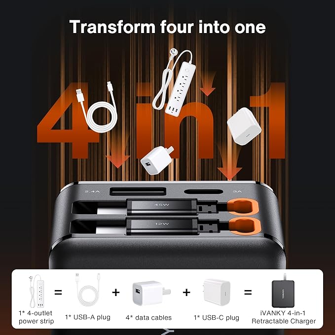 iVANKY Retractable USB C Charger, Smallest 4-in-1 GaN Wall Charger for Multiple Devices, 45W Charger Block with Dual Type C Cables, 4-Port Travel Adapter for iPhone 17/16/15/14 Pro Max,MacBook Neo