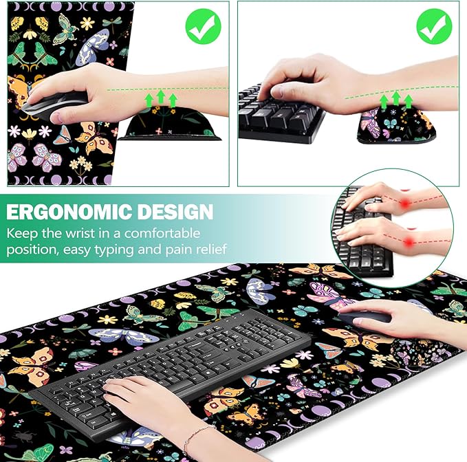 ARTSO Desk Mat Set, Black Butterfly Extended Gaming Mouse Pad with Wrist Rest Support +Keyboard Wrist Rest +Coaster, Large Cute Mousepad, Easy Typing and Pain Relief