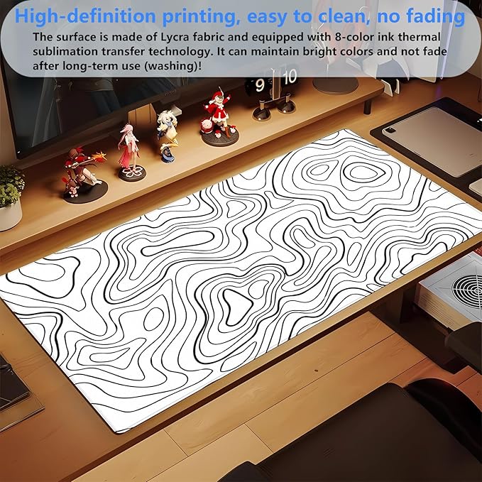 White and Black Topographic Abstract Art Desk Mat - Large XL Gaming Mouse Pad with Stitched Edges, Full Desk Keyboard & Mouse Pad for PC, Laptop, Office Decor (31.5"x15.7")