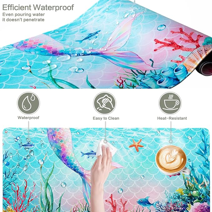 Ocean Mermaid Mouse Pad Desk Mat, Magic Mermaid Large Gaming Mouse Pad Fish Tail Anime Desk Pad Mousepad XXL Extended Keyboard Mat Mouse Mat, Waterproof, 31.5x15.7 in
