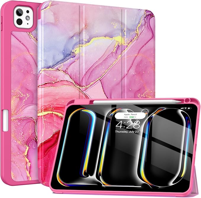 Soke Case for New iPad Pro 11 Inch (M5/M4) 5th Generation 2024-2025 with Pencil Holder - [Shockproof + Apple Pencil Charging + Auto Wake/Sleep], Soft TPU Back Cover for iPad Pro 11", Hot Pink Marble