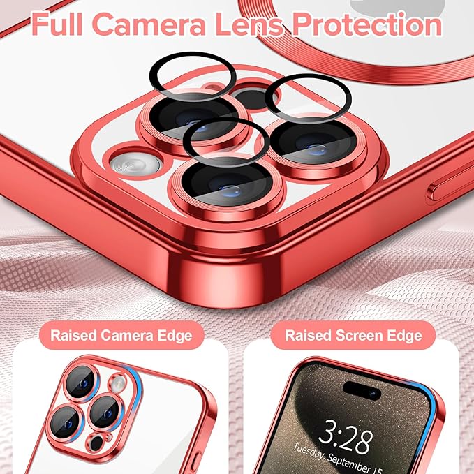 Hython Magnetic Clear for iPhone 15 Pro Case with Camera Lens Protector [Compatible with MagSafe] Luxury Plating Edge Slim Soft TPU Cover Protective Phone Case for iPhone 15 Pro 6.1", Red