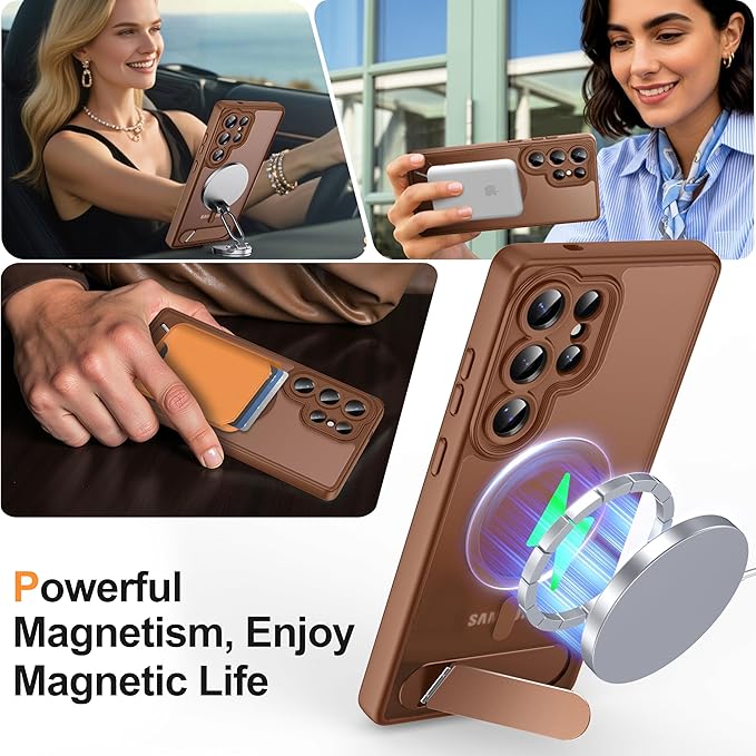 Magnetic for Samsung Galaxy S25 Ultra Case, [Compatible with MagSafe][Full Camera Protection][Built-in Invisible Kickstand] Translucent Matte Phone Case for S25 Ultra 6.9" - Brown