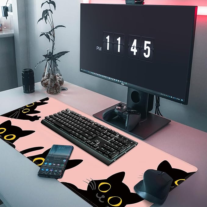 Pink Cute Cat Mouse Pad for Desk,Kawaii Mouse Pad 31.5 X 11.8 in Mouse Mat Desk Pad,Extended Keyboard Pad Large Desk Mat Pink Mousepad with Non-Slip Base and Stitched Edge for Gaming Home Office