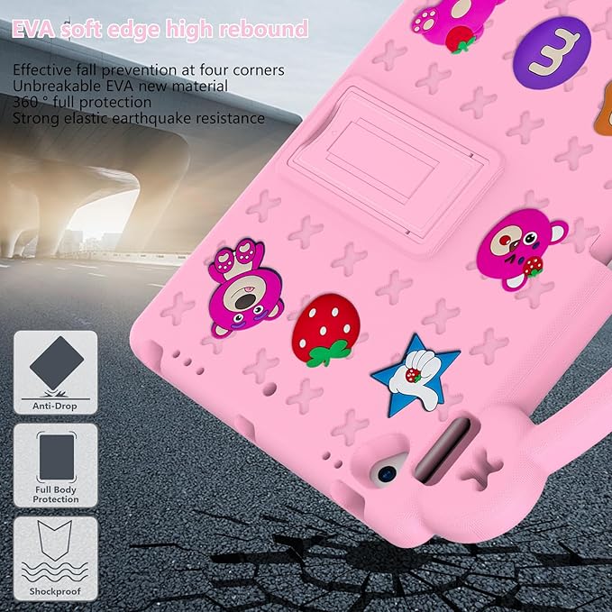 for iPad 9th Generation Case for Kids,iPad 8th 7th Gen Cover, Shoulder Strap Shockproof Cute DIY Figures Design Handle Stand Protective Rugged Case for Apple iPad 9th 8th 7th Gen 2021/2020/2019,Pink