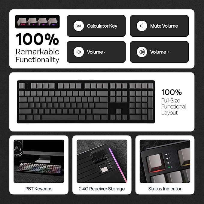 MechLands EPOMAKER TH108 Full Size Mechanical Keyboard, Wireless Gaming Keyboard, 8000mAh Battery, Creamy Gasket, 108 Keys, Hot Swap, Custom Driver, RGB Backlights (Black, Creamy Jade Switch)