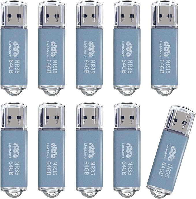 LinkMore 64GB (10 Pack) NR35 USB Flash Drive – USB 3.2 Memory Stick with Cap and Keychain Loop, Up to 70MB/s Read, 10MB/s Write – Plug & Play USB Drive for PC, Mac, TV, Car