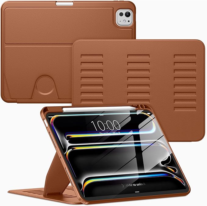 VIKESI Case for iPad Pro 11 inch (M5/M4) 2025/2024,Multiple Angles Magnetic Stand Cover,Shockproof Back,Pencil Holder,and Auto Sleep/Wake,Brown