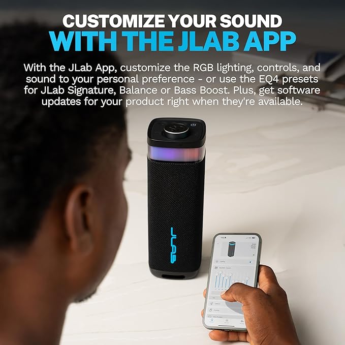 JLab, JBuds Party, Portable Bluetooth Speaker, IP56 Waterproof, Multi-Speaker Connect, RGB Lighting, Black
