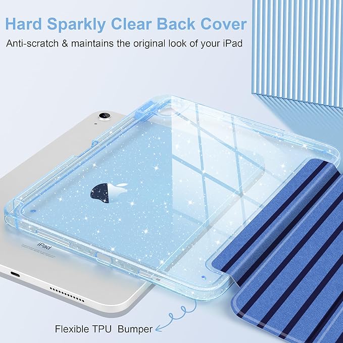 DONGKE for iPad Pro 11 inch Case – Fits M5 2025 / M4 2024, Shockproof Sparkling Glitter Acrylic Back, Pencil Holder, Trifold Stand, Auto Sleep/Wake & Touch ID Support - Dark Blue Stripes