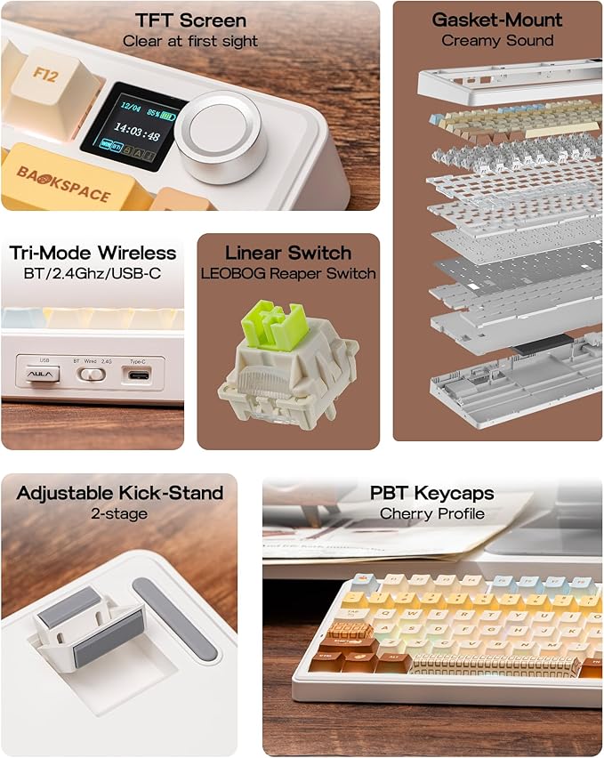 EPOMAKER X Aula F75 MAX Wireless Mechanical Keyboard with TFT Screen and Knob, Gasket Keyboard in 75% Layout, Hot Swappable Gaming Keyboard for PC/Mac/Linux (Caramel)