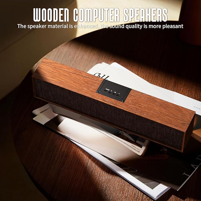 Retro Computer Speakers - Wooden Sound Bar with Bluetooth 5.3 & USB Connectivity | Universal Compatibility for PC, Desktop, Laptop, Monitor, Tablet & Smartphone