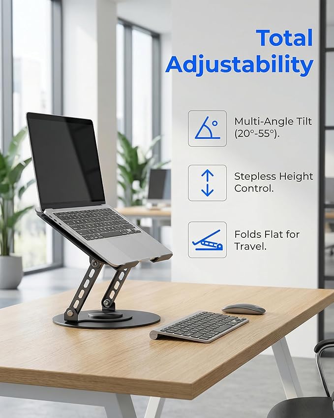 Compatible 360° Rotating Adjustable Laptop Stand, Fully Foldable Dual Rotary Shaft Laptop Riser Portable Standing Desk, Fits MacBook & All 10-15 Inch Laptops - Black
