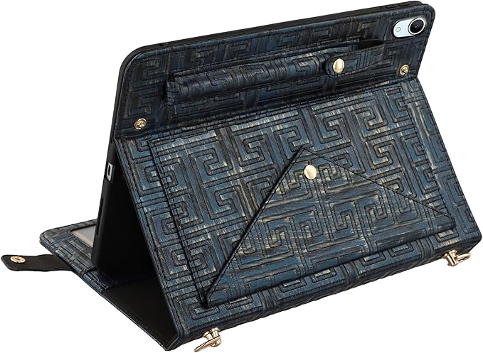 Handbag Case for iPad mini 7 2024/Mini 6 Case - Techcircle Vintage Pattern Crossbody PU Leather Folio Envelope Pocket Stand Cover with Hand Strap+Shoulder Strap+Pencil Holder+Card Slots, Retro Navy