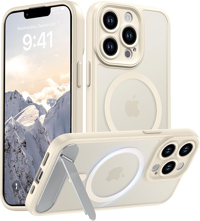 Magnetic Compatible with iPhone 13 Pro Case, [Built-in Kickstand][Full Camera Protection][Compatible with MagSafe][Anti-Fingerprint] Shockproof Phone Case for iPhone 13 Pro 6.1",Beige